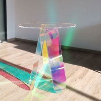 120cm Acrylic Rainbow Color Coffee Table Iridescent Glass End Table Round Side Table Modern Accent Table for Living Room