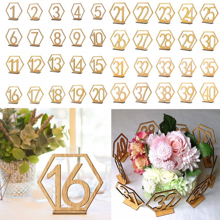 1-40 Wooden Table Numbers Hexagon Shape with Holder Base for Wedding Party Events Catering Decor Supplies