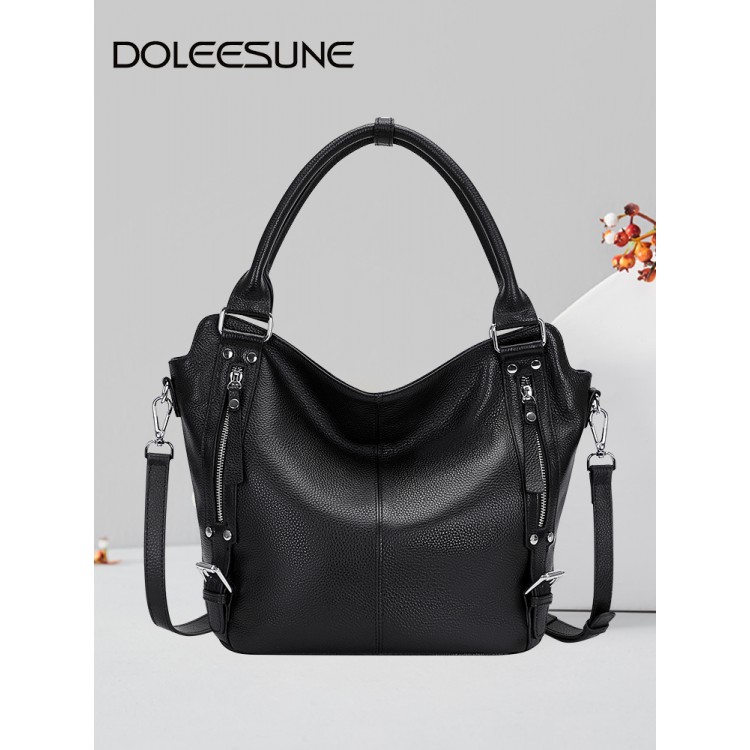 DOLEESUNE Genuine Cow Leather Top-Handle Handbags for Women Elegant Shoulder Crossbody Bags Fashion Large Female Hobo Tote Bag