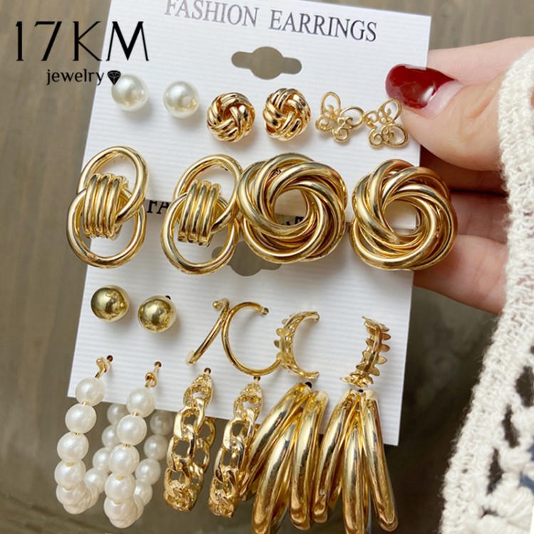 17KM Vintage Geometric Gold Metal Earrings Set For Women Punk Pearl Dangle Drop Earrings 2022 Trend Set of Earrings Jewelry Gift
