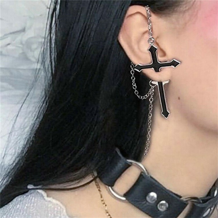 Fashion Punk Black Cross Drop Earrings For Teens Vintage Rock Pride Long Chain Butterfly Ear Cuffs Women Earrings Girls Jewelry