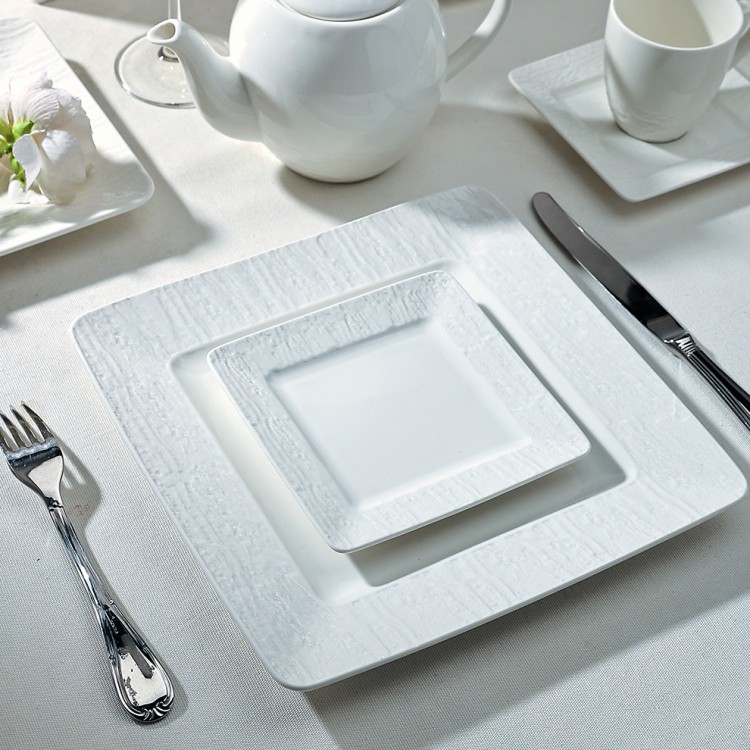 Factory Customized restaurant high temperature western embossed rim european white porcelain dinner ceramic square plate dish | DEIL-CHINA