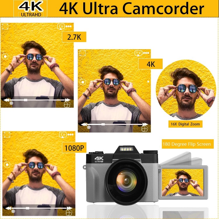 4K Digital Vlogging Camera for Youtube 4K Camcorder HD 1080P 48MP Video Camera with Wifi