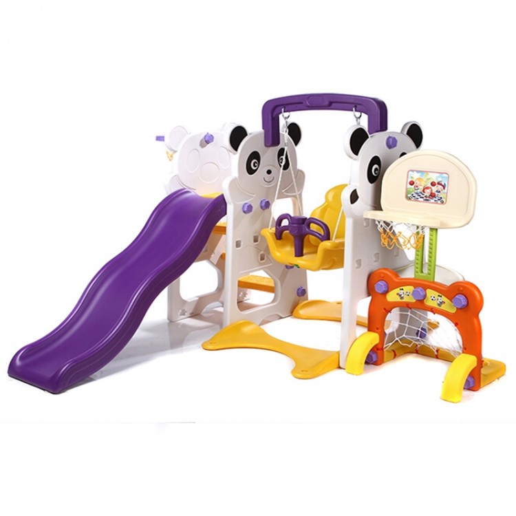 Home Slide Indoor Plastic Panda Baby Swing And Slide Set With Basket And Soccer Gate