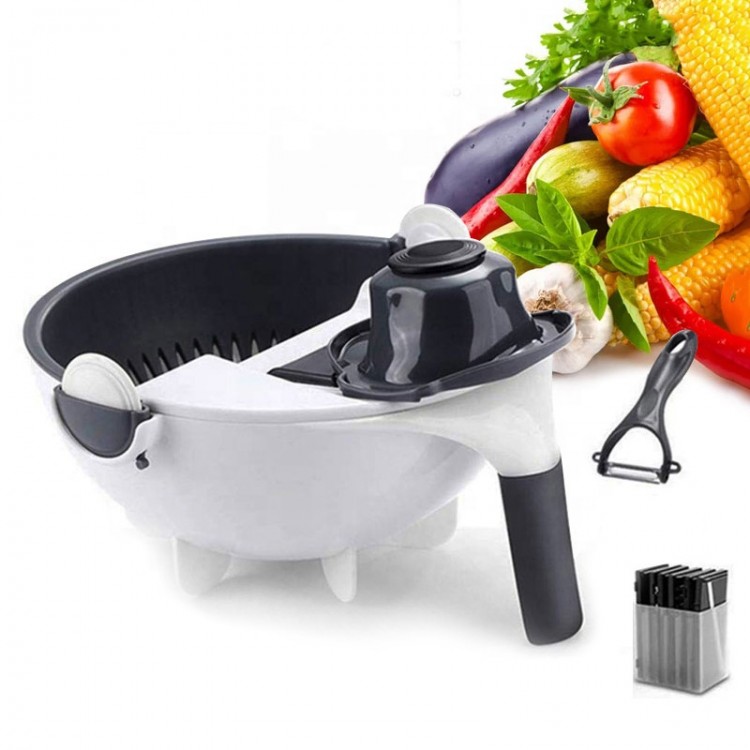 Latest H673 Kitchen Multi Functional Shredder Wet Fruits Drain Basket Blade Cutter Manual 9 in 1 Slicer Vegetables Chopper